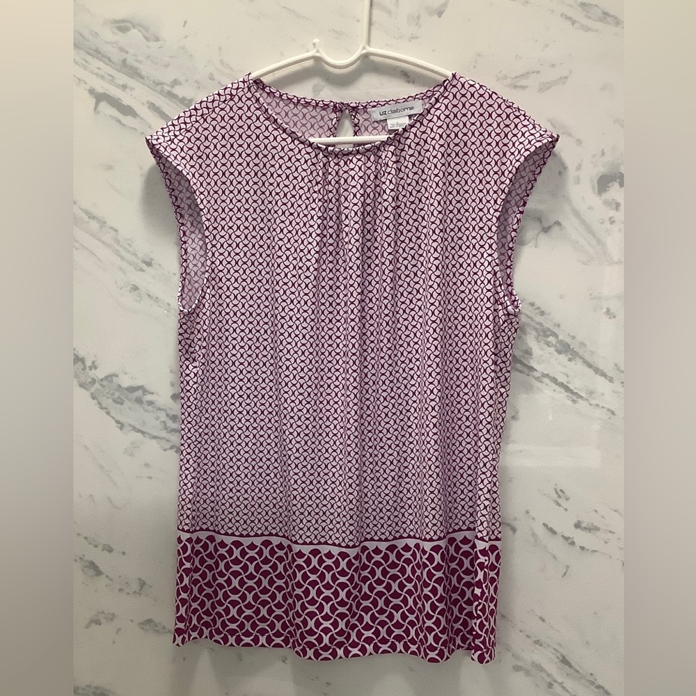 Liz Claiborne Sleeveless Tunic Women's Purple & White Tank Top Pleated, Large